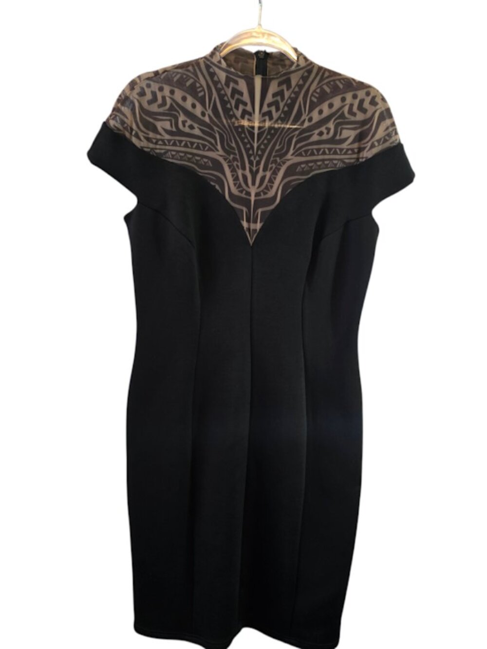 TADASHI SHOJI COCKTAIL DRESS ILLUSION NECKLINE TRIBAL NUDE PATTERN SIZE XL